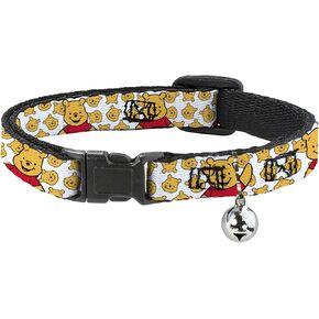 Disney Cat Collar, Breakaway Collar with Bell, Winnie The Pooh Chibi Pose and Expressions Scattered White, 8.5 to 12 Inches 0.5 Inch Wide