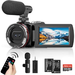 كاميرا فيديو كاميرا فيديو 4K 48MP 60FPS مزدوجة العدسة مع ميكروفون لاسلكي لمدونات الفيديو على YouTube، شاشة فائقة الدقة 3 بوصة 21X كاميرا تسجيل فيديو تكبير رقمي مع بطاقة SD 64 جيجابايت، جهاز تحكم عن بعد in Kuwait