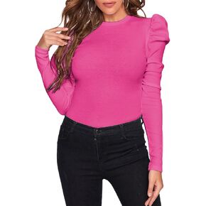 Remidoo Women's Solid Round Neck Puff Long Sleeve Slim Fit T Shirt Tops