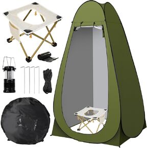 Portable Toilet Pop Up Privacy Tent Set, Outdoor Camping Bathroom Tent Potty for Adults, Stainless Steel Toilet Kit with Night Lantern, Foldable Instant Shower Changing Dressing Room with Carry Bag
