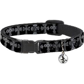 Cat Collar Breakaway Elegant Crosses Black Grays 8 to 12 Inches 0.5 Inch Wide