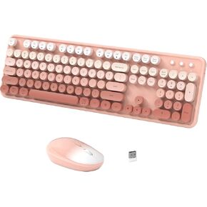 Wireless Keyboard Mouse Combo - 2.4Ghz Cute Colorful Keyboard and Mouse Wireless - 104 Keys Full Size Retro Typewriter Keyboard for Laptop, Computer, PC, Notebook, Windows, Mac OS Pastel Pink