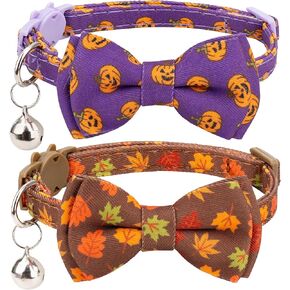 Cat Collar Halloween Festive 2pcs Set with Bow Tie Bell Safety Breakaway Thanksgiving Xmas Autumn Kitten Pet 2pcs-Xmas & Halloween