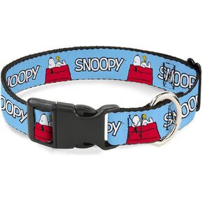 Peanuts Worldwide LLC Pet Collar, Dog Collar Plastic Buckle, Peanuts Snoopy and Woodstock Dog House Pose and Text Sky Blue, 11 to 16.5 Inches 1.0 Inch Wide