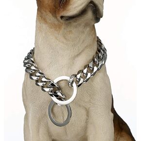 Chain Dog Collar High Polished Silver Cuban Link Dog Chain Chain Collar Metal Stainless Steel Heavy Duty Dog Collars for Medium Dogs(15MM, 22")