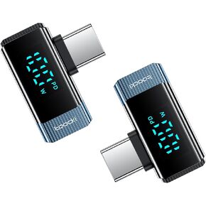 Right Angle USB C Adapter, 2Pack 100W USB C Female to USB C Male Extension Adapter Type C Power Meter Tester with LED Display for iPad iPhone 16 15 Pro Max MacBook Pro Laptop & All USB C Cable (Blue)