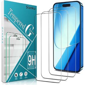 Slanku [3 Pack Screen Protector for iPhone 16 Pro Max Tempered Glass, Full Coverage Protection, No-Bubbles, Anti-Scratch, Easy to install
