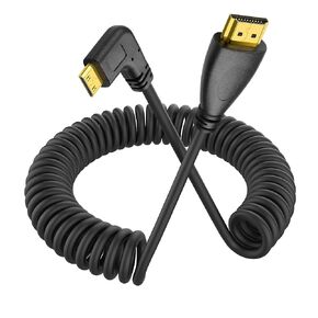 YACSEJAO 90 Degree Mini HDMI Coiled Cable Mini HDMI Male to HDMI Male Stretch Coiled Cord for Cameras, DSLRs, Camcorders, Portable Screens and Monitors (Up Angle)