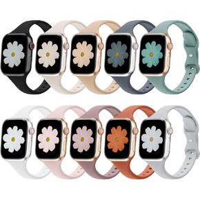 10 Pack Slim Bands Compatible with Apple Watch Band 38mm 40mm 41mm 42mm 44mm 45mm 46mm 49mm, Soft Silicone Sport Narrow Thin Strap for iWatch Series 10/9/8/SE/7/6/5/4/3/2/1/Ultra Women Men