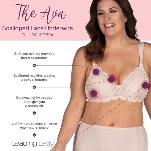 Leading Lady Ava Lace Padded Bra - Full Figure Bra With Underwire Support and Side Smoothing. Lightly Padded Bras For Women in Saudi Arabia