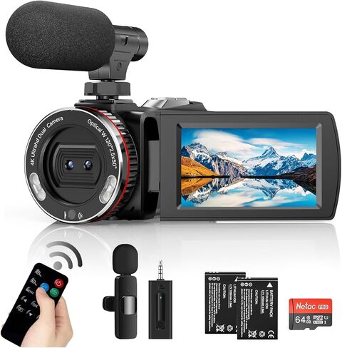Video Camera Camcorder 4K 48MP 60FPS Dual Lens Camera with Wireless Mic for Vlogging YouTube, Ultra HD 3 Inch Screen 21X Digital Zoom Video Recorder Camera with 64GB SD Card, Remote Control in Saudi Arabia