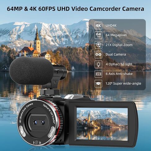 Video Camera Camcorder 4K 48MP 60FPS Dual Lens Camera with Wireless Mic for Vlogging YouTube, Ultra HD 3 Inch Screen 21X Digital Zoom Video Recorder Camera with 64GB SD Card, Remote Control in Saudi Arabia