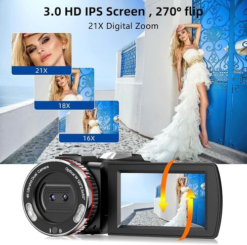 Video Camera Camcorder 4K 48MP 60FPS Dual Lens Camera with Wireless Mic for Vlogging YouTube, Ultra HD 3 Inch Screen 21X Digital Zoom Video Recorder Camera with 64GB SD Card, Remote Control in Saudi Arabia