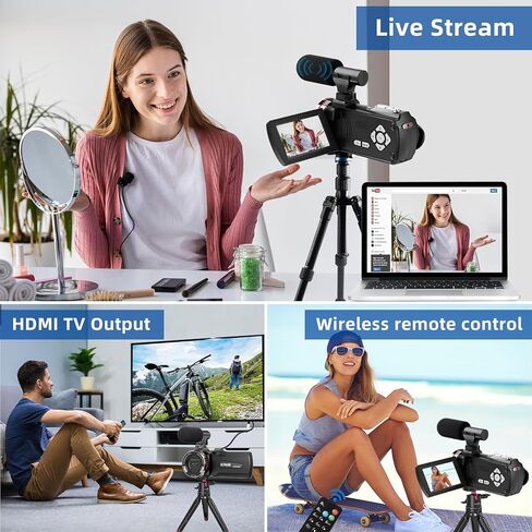 Video Camera Camcorder 4K 48MP 60FPS Dual Lens Camera with Wireless Mic for Vlogging YouTube, Ultra HD 3 Inch Screen 21X Digital Zoom Video Recorder Camera with 64GB SD Card, Remote Control in Saudi Arabia