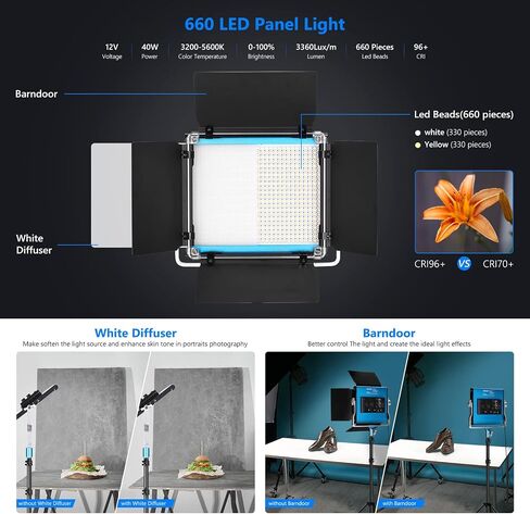 Neewer 2 Packs 660 LED Video Light and Stand Photography Lighting Kit: Dimmable LED Panel (3200-5600K, CRI 96+, Blue) with Heavy Duty Light Stand for Studio Portrait Product Video Shooting in Saudi Arabia