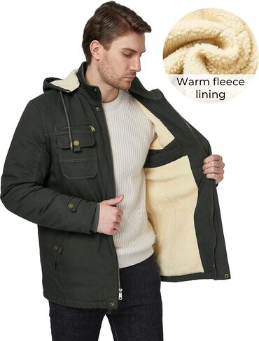 سترة WenVen الرجالية الشتوية Sherpa Parka متوسطة الطول سميكة بنمط عسكري دافئة مع غطاء رأس قابل للإزالة in Kuwait