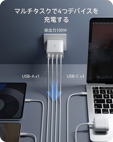 100 واط USB C شاحن كتلة شحن سريع GaN PD3.0 QC3.0/2.0 نوع C محول طاقة متعدد المنافذ - 4 منافذ USBC للكمبيوتر المحمول الذكي - متوافق مع MacBook Pro Air iPhone 14/13/12 Pro Max iPad Samsung in Kuwait