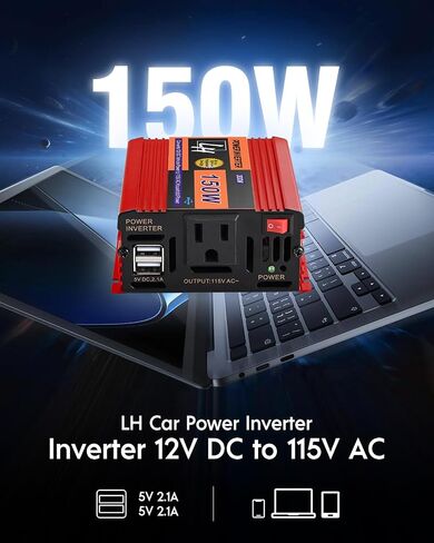 محول طاقة 150 وات، محول ولاعة سجائر للسيارة من 12 فولت إلى 110 فولت مع منافذ USB مزدوجة 2.1 أمبير ومخرج تيار متردد للكمبيوتر المحمول/الهاتف in Saudi Arabia