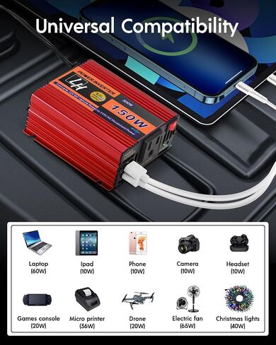 محول طاقة 150 وات، محول ولاعة سجائر للسيارة من 12 فولت إلى 110 فولت مع منافذ USB مزدوجة 2.1 أمبير ومخرج تيار متردد للكمبيوتر المحمول/الهاتف in Saudi Arabia