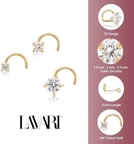 22 Gauge Cubic Zirconia Twist Stud Nose Ring Set in 14k White or Yellow Gold - 1.5 mm, 2 mm, 2.5 mm by Lavari Jewelers in Saudi Arabia