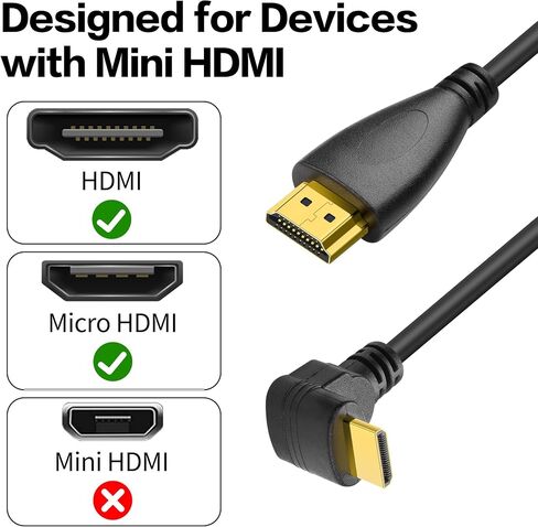 YACSEJAO كابل ملفوف HDMI صغير 90 درجة ميني HDMI ذكر إلى HDMI ذكر سلك ملفوف قابل للتمدد للكاميرات وDSLRs وكاميرات الفيديو والشاشات المحمولة والشاشات (زاوية أعلى) in Saudi Arabia