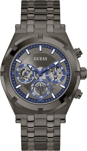 ساعة GUESS رياضية للرجال مرصعة بالكريستال متعددة الوظائف 44 مم - هيكل من الستانلس ستيل الذهبي مع حزام أسود من السيليكون، أسود/ذهبي, أسود/ ذهبي, حزام in Kuwait