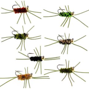 The Fly Fishing Place Tungsten Bead Jigged Pat's Rubber Legs Nymph Assortment Fly Fishing Flies - Trout and Bass Wet Fly Pattern - 7 Colors Hook Size 10