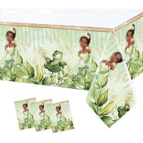Princess Tablecloth Green Floral Birthday Party Table Covers Princess and Frog Girls Birthday Party Decorations Supplies 70.8 x 42.5 in (3)