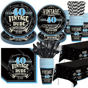 HIPVVILD Vintage 40th Birthday Decorations For Men Tableware - 1984 40th Birthday Party Supplies, Plate, Cup, Napkin, Tablecloth, Cutlery, 40 Year Old Birthday Table Decorations Dinnerware | Serve 24