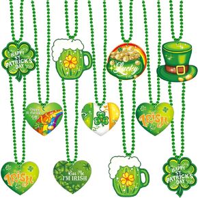 16pcs St. Patrick's Day Necklace bead Shamrock Bead Pendant Necklace for Party Costume Accessories Mardi Gras Party Decor