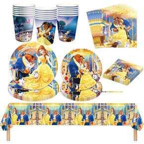 لوازم أدوات المائدة لحفلات أعياد الميلاد من RenbangUS Princess Belle، أدوات مائدة Beauty Beast تتضمن أطباق ومناديل وأكواب ومفرش طاولة لديكورات حفلات عيد ميلاد الأميرة (خدمة 16) in Kuwait