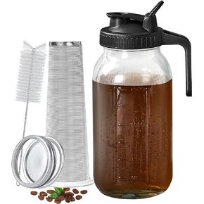 Cold Brew Coffee Maker,PIZVOX Cold brew pitcher-64oz Durable Glass Multipurpose Mason Jar pour spout Lid with Stainless Steel Filter & Handle for Iced Brew Coffee,Homemade Fruit Drinks Container