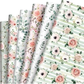 Whaline 12 Sheet Floral Wrapping Paper Watercolor Pink Green Flower Gift Wrap Paper Folded Flat Spring Art Paper for DIY Craft Party Decor Wrapping Supplies