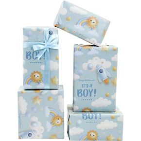 It's a Boy Gift Wrap, Newborn baby boy Light Blue Gift Wrapping Paper,4 Sheets Folded Flat 20x28 inches per sheet With Ribbon for Baby Shower Birthday Celebration Gift Wrap