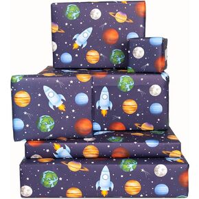 CENTRAL 23 Wrapping Paper for Boys - Kids - Blue - Games (PLANETS IN SPACE) 6 Count (Pack of 1)