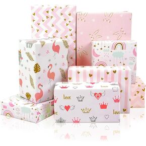MAMUNU 6 Sheets Gift Wrapping Paper, Pink and Gold Folded Wrapping Paper with Heart, Bunny, Rainbow, Flamingo and Crown Designs for Women Girls Kids Birthday, Valentine's Day, Wedding, Baby Shower 50x70CM