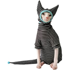 Hairless Cat Clothes, Cat Jumpsuit with Stripes 4 Legged Pajamas, Sphinx Clothing, Cat Apparel for Cats, Pet Onesies, Striped Cat Clothing with Hat and Tail Cover Set (X-Small, Full Set) in Saudi Arabia