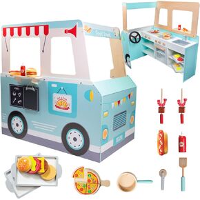 Food Truck Wooden Playset, 20 Fun Toy Pieces Including Cook Top, Steering Wheel, Sticker Sheet for Kids Name, Includes Food Tray, Pizza Slices & More, Dual Sided Play Stand for Indoor Fun Ages 3+