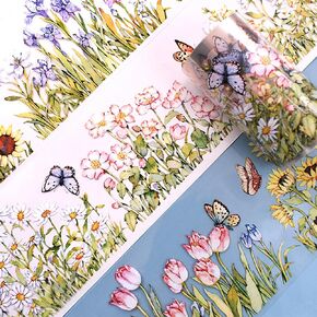 Ddayup 1 Roll Flower Washi Tape Cute Floral Washi Tape Stickers Butterfly Sunflower Tulips Daisy Decorative Tape Washy Tape Vintage PET Washi Tape for Journaling Scrapbooking