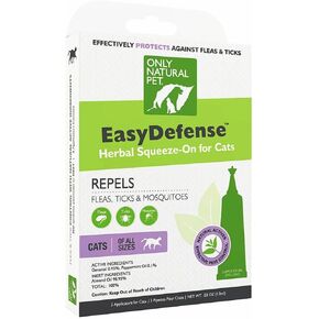 Only Natural Pet Flea and Tick Prevention for Cats - EasyDefense Flea Remedy - Natural Flea Care Control Squeeze-On Drops - Tick and Flea Protection - Three Months Supply (2-Pack)