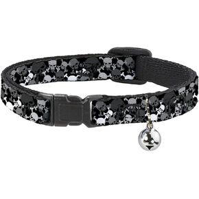 Cat Collar Breakaway Multi Top Skulls Stacked Blak Gray White, 1/2" Wide - Fits 8-12" Neck (DC-BABKSR-W33913-0.5-M)