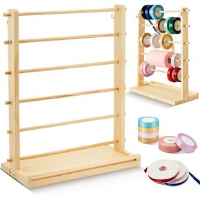Menkxi 6 Tier Wooden Ribbon Rack Ribbon Organizer Ribbon Holder Organizer Rack Spool Holder Storage Organizer for Sewing Craft Mesh Thread Tape Wreath Crochet Roll Florist Arts Wrapping Gift