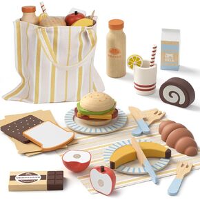 Lehoo Castle Play Food Sets for Kids Kitchen, Wooden Toys Food for Toddlers 1-3, Pretend Picnic Play Set, Cutting Food Toys, Gift for Girls Boys 3 4 5 6