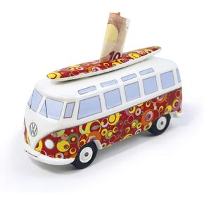 BRISA VW Collection - Volkswagen Savings Bank Piggy Bank Money Coin Box with Surfboard in T1 Bus Samba Design (Classic Bus/Red)