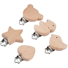 ccHuDE 5 Pcs Natural Wood Pacifier Clips Holder Baby Suspender Clips Unfinished Wooden Teething Beads Clips Charm DIY Crafts