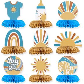 9 Pieces Here Comes the Son Baby Shower Decorations Honeycomb Centerpieces, Boho Sun Party Table Toppers Sunshine Table Decorations for Boys Kids in Kuwait