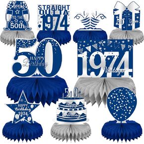 LINAYE 50th Birthday Decorations for Men - Blue and Silver Honeycomb Centerpieces for 50 Year Old Birthday Party 50th Birthday Centerpieces for Table Fifty Birthday Vintage Decorations Decor