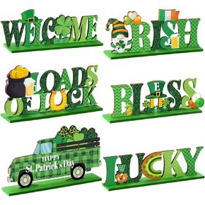 Hoolerry 6 Pcs St Patrick's Day Wooden Table Decorations Centerpieces Blocks Shamrock Clover Irish Patty's Tiered Tray & Table Top Sign Decor for Mantle Home Wood Saint Patrick Party Supplies