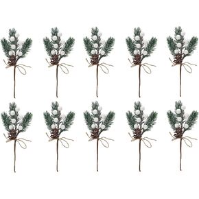 Artificial Red Berry Stems Pine Branches with Twine Bow,Christmas Pine Picks Fake Red Berry Wreath Picks, Christmas Trees Decoration Bouquets Garland Wreath Arrangements for Holiday Decor(10 Pack/red)