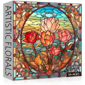 PICKFORU Stained Glass Flower Puzzles for Adults 1000 Pieces, Art Puzzles Floral, Impossible Hard Challenging Puzzles for Adults, Colorful Stained Glass Jigsaw Puzzle Garden as Wall Art Decor